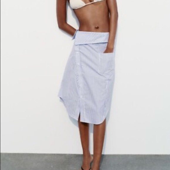 Zara Blue White Striped Skirt XS NWT Foldover Waist - Picture 6 of 6